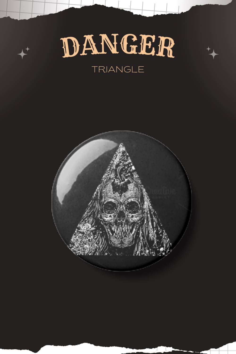Danger triangle with skull pattern on black round icon.