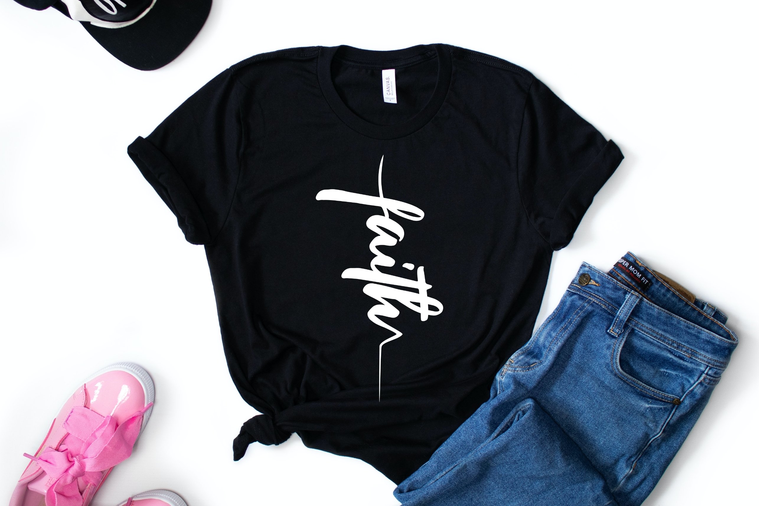 Lettering in white on a black T-shirt.