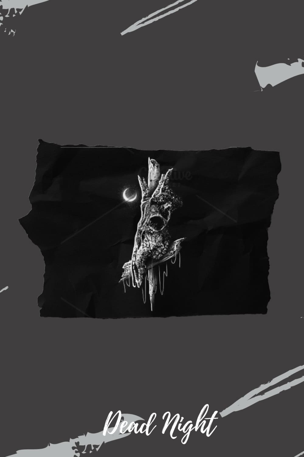 Dead night with a goat skull on a black background of a gray pattern.