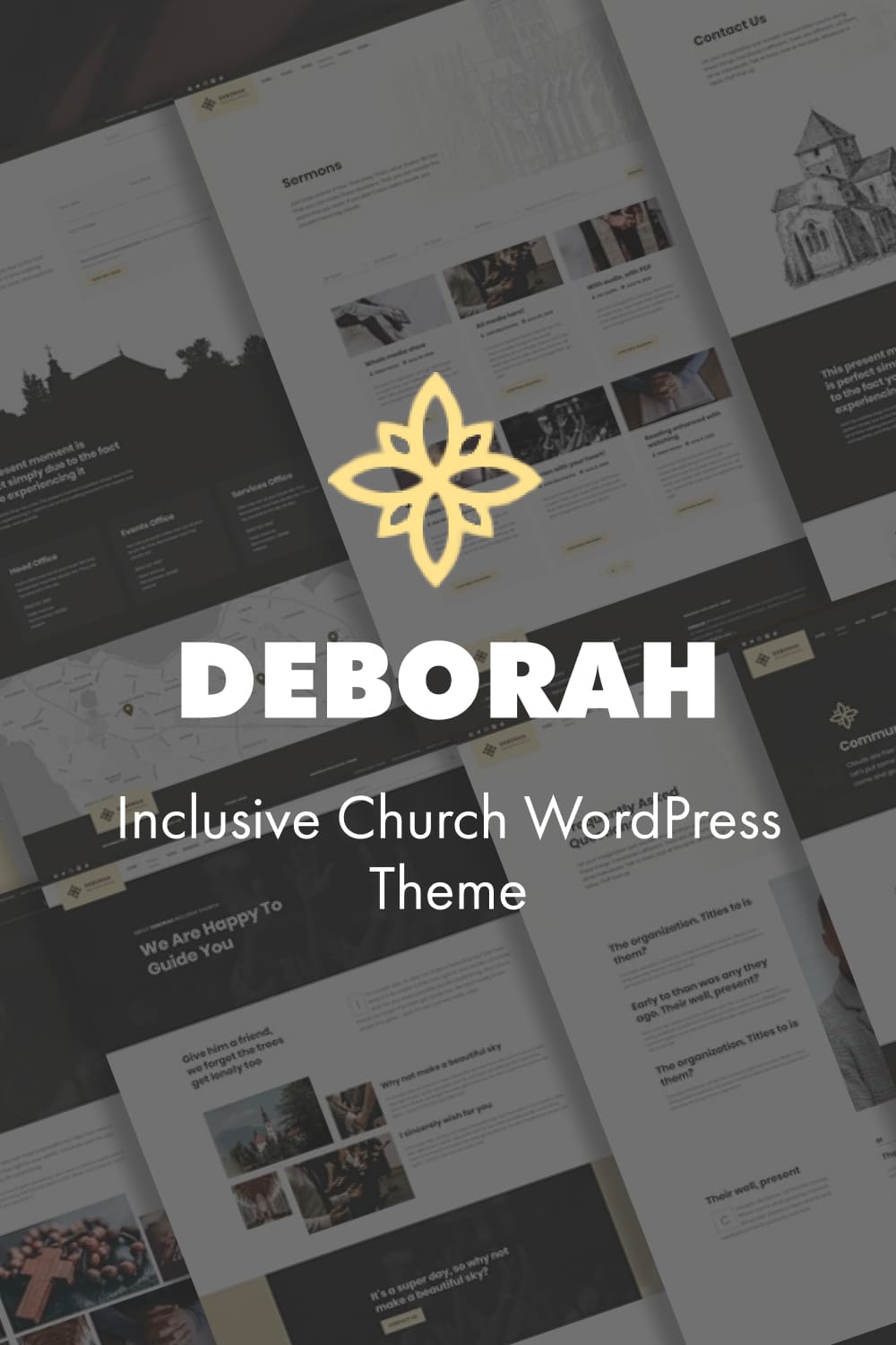 Deborah inclusive church wordpress theme on the dark blackground.