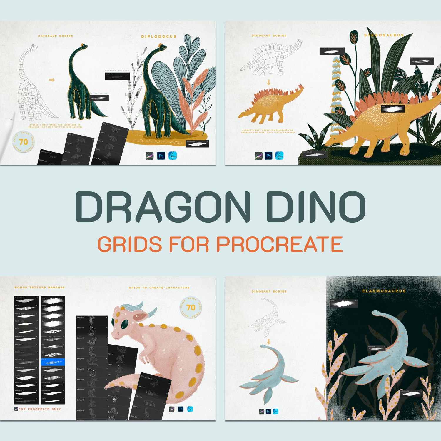 Preview dragon dino grids for procreate.