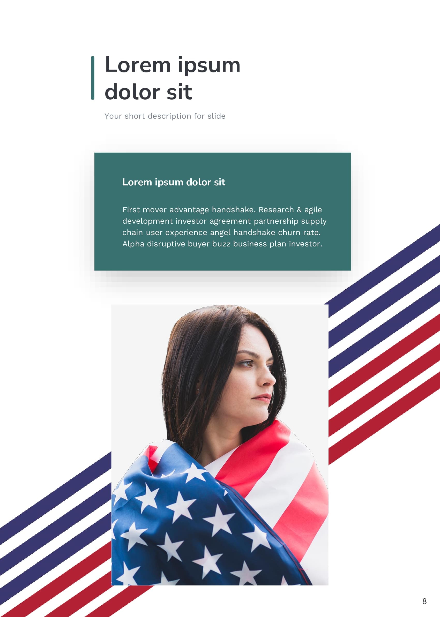 The girl is wrapped in an American flag and with a short description.