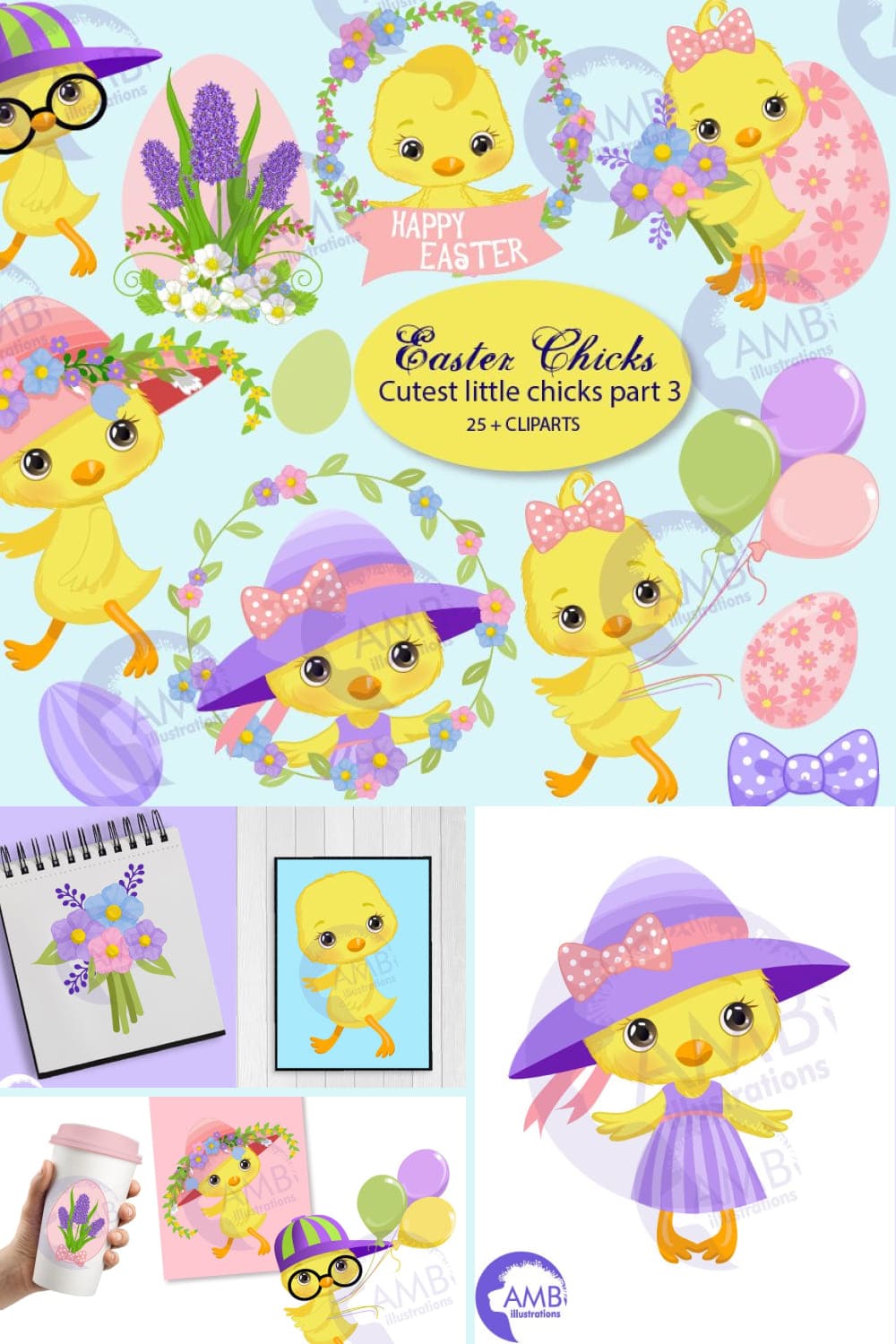 Examples of Easter designs with lavender flowers and chicks.