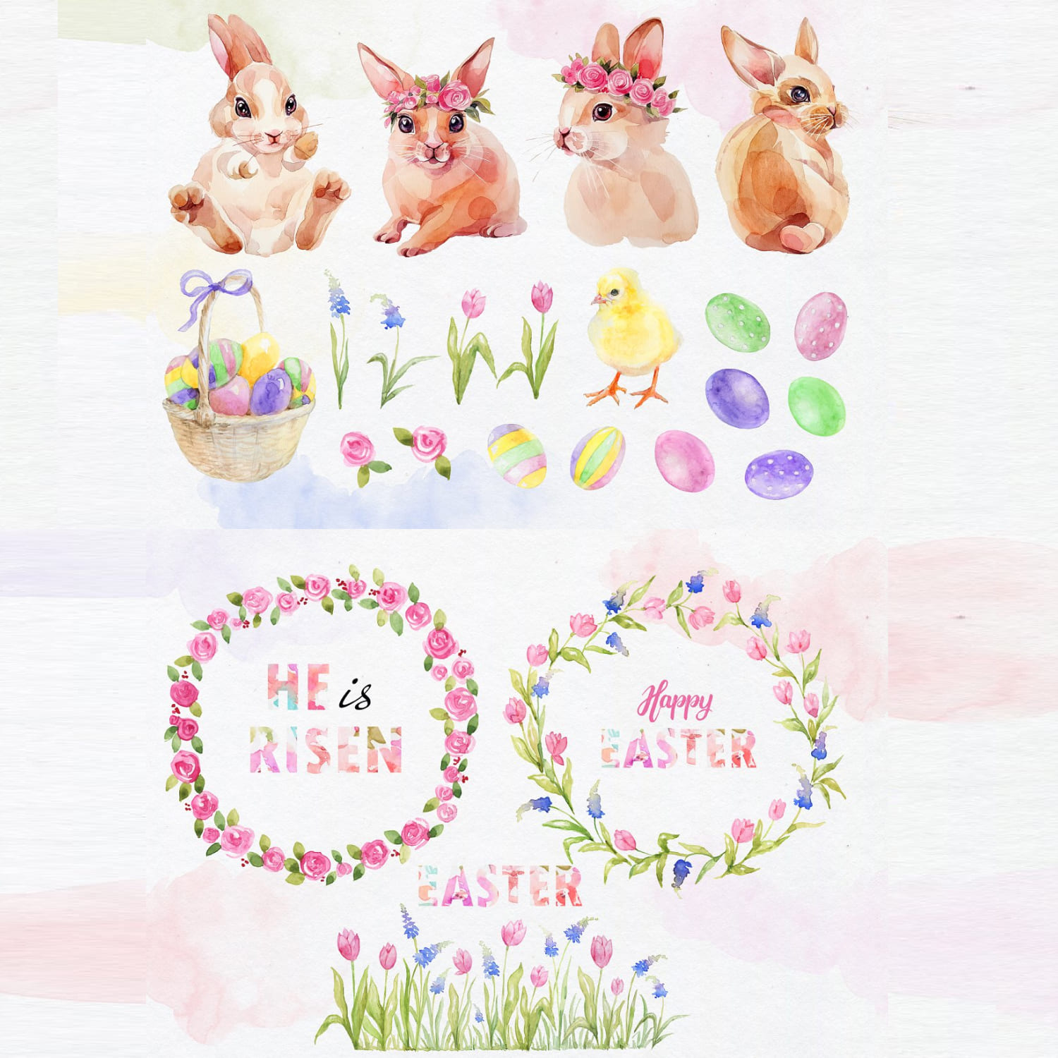 Flowers, eggs, Easter bunnies on a white background.