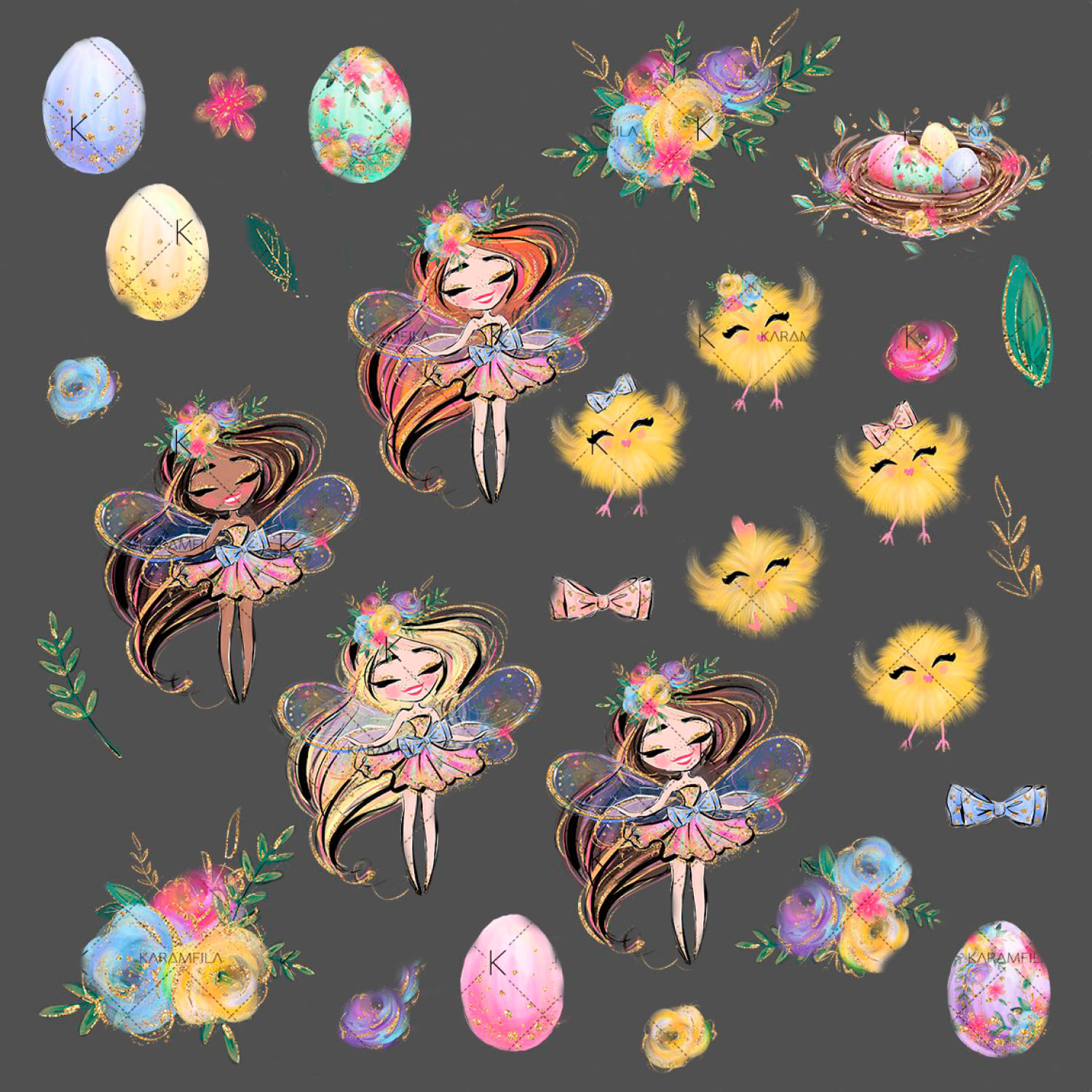 A collection of chicks, fairies and eggs on a gray background.