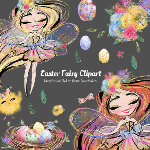 An Easter fairy, cheerful chickens and Easter eggs are depicted on a gray background.