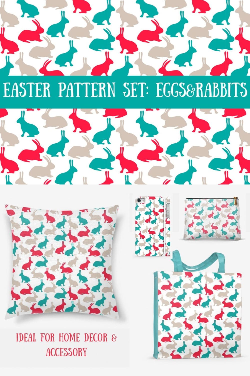 Easter bunnies are depicted on a pillow, bag and cosmetic case.