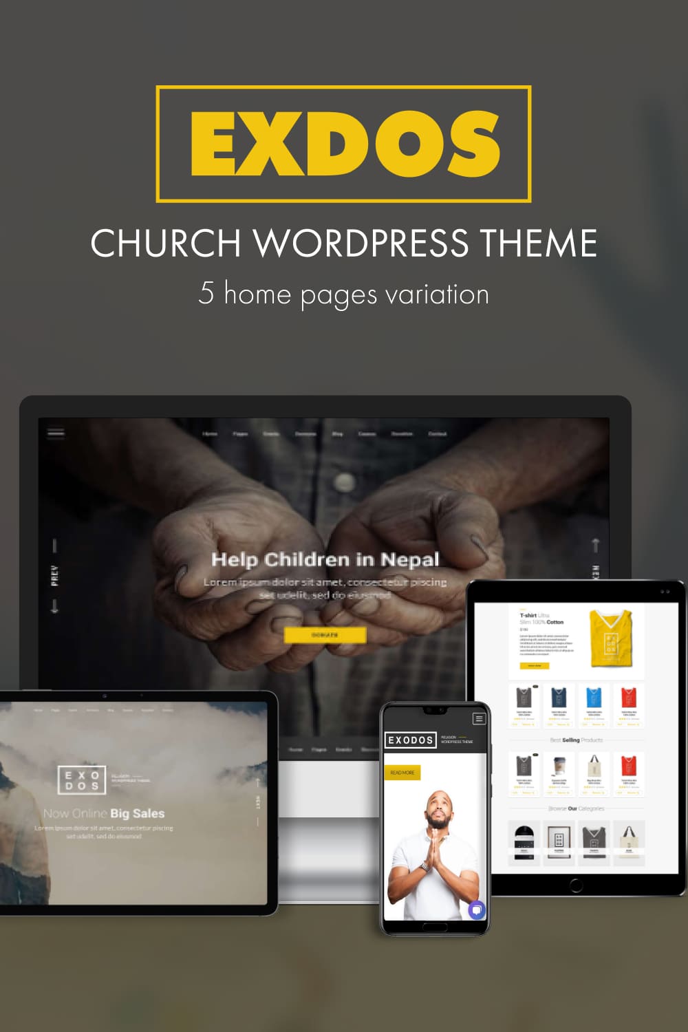 5 home pages variation of Exdos church wordpress theme.