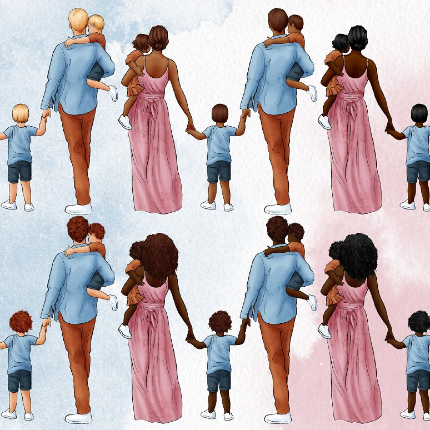 Several illustrations of a family with three children in light clothing.