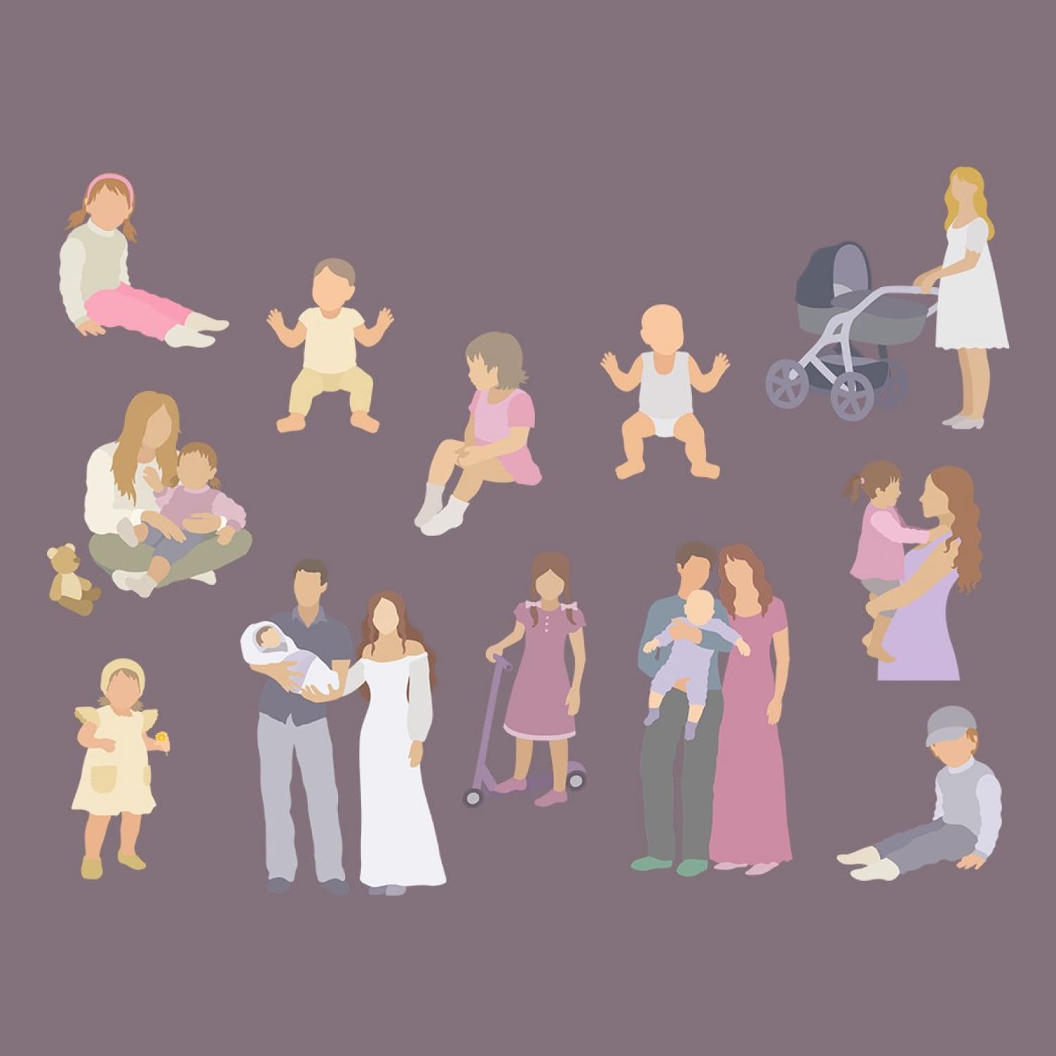 Variations of the combination of family and children are depicted on a gray background.