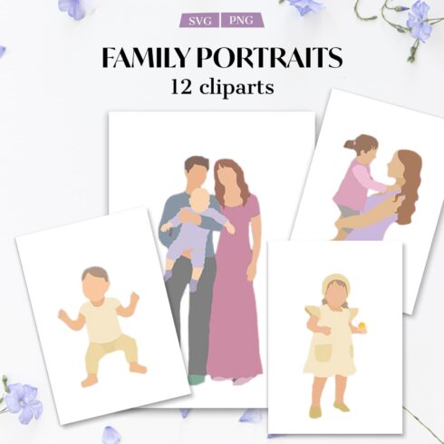 Pictures of children and family on white cards.