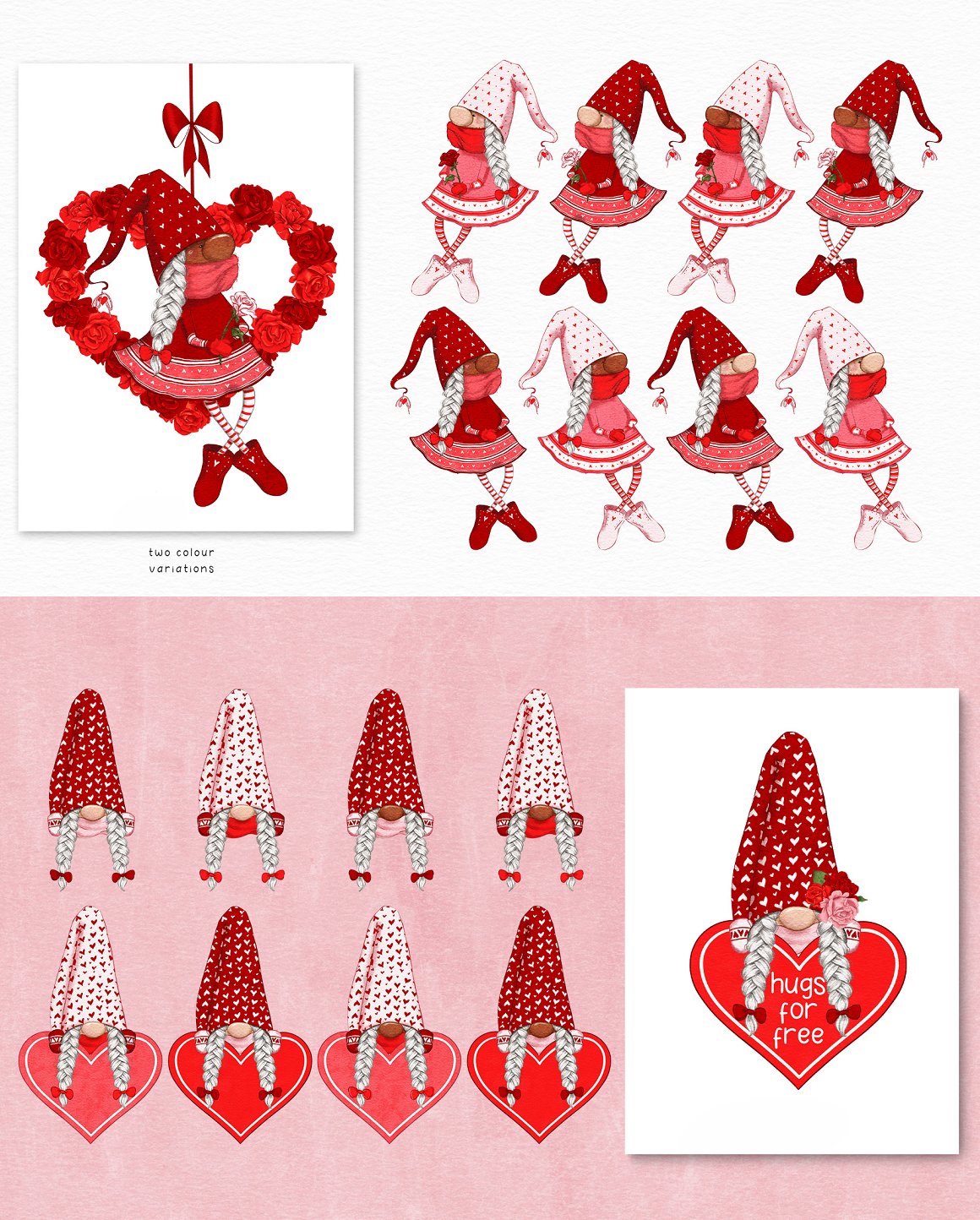 Various images with gnomes and hearts.