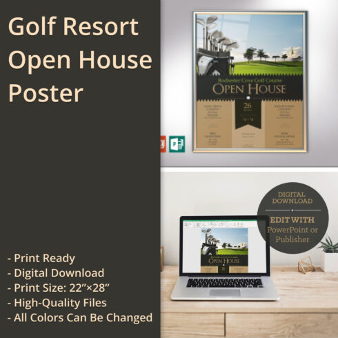 Preview illustrations golf resort open house poster powerpoint publisher template.