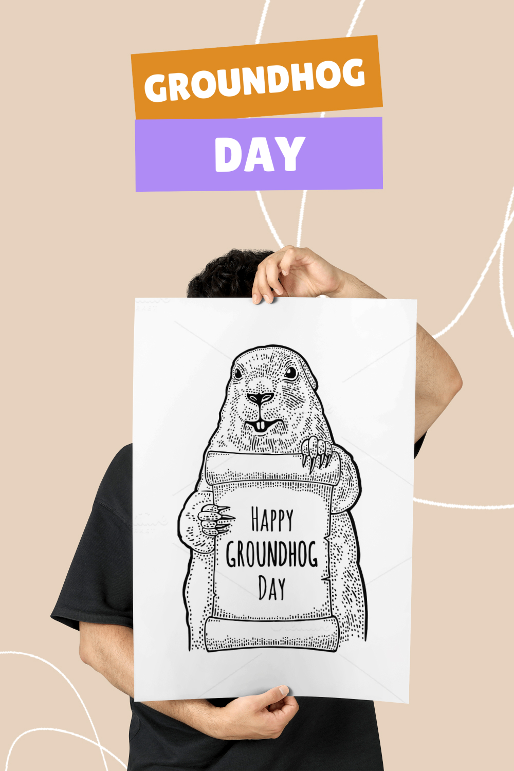 Pinterest images with groundhog holding poster.