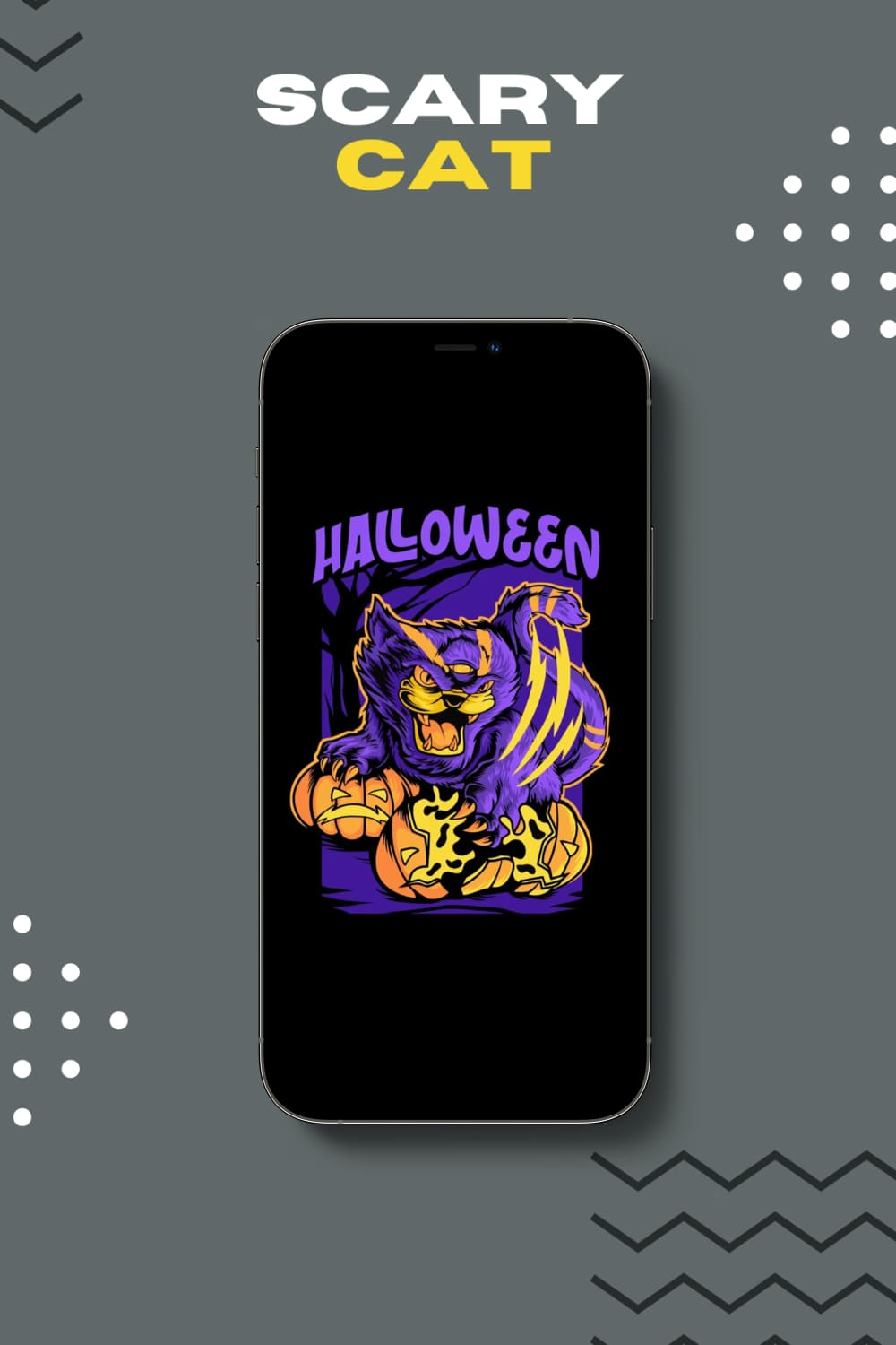 Scary purple cat on the smartphone screen.