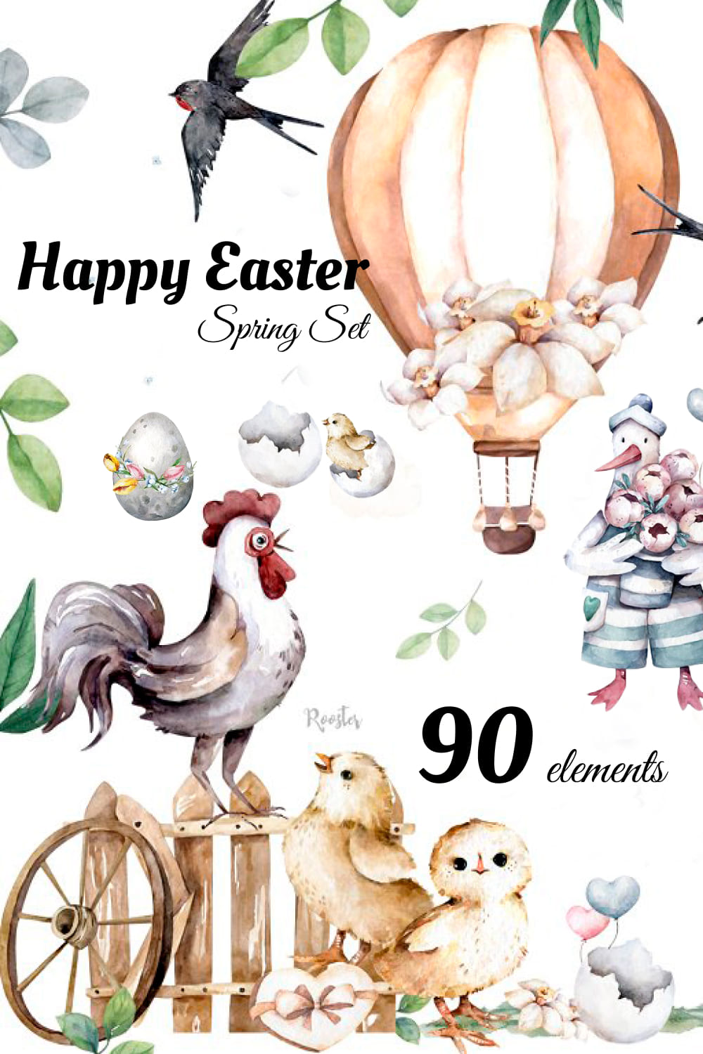 90 elements with the image of a rooster, chickens to create an Easter design.