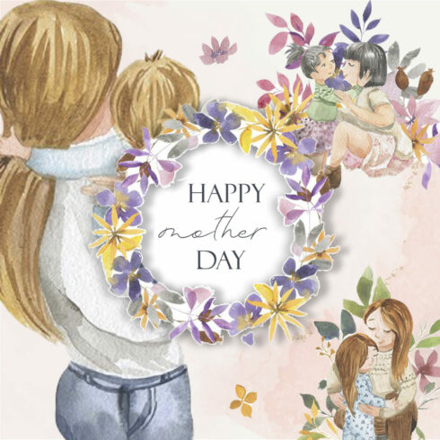Watercolor drawings of mothers with children with a delicate floral print.