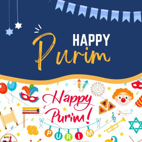 Happy Purim and two six-pointed stars in blue and white are written on a blue background.
