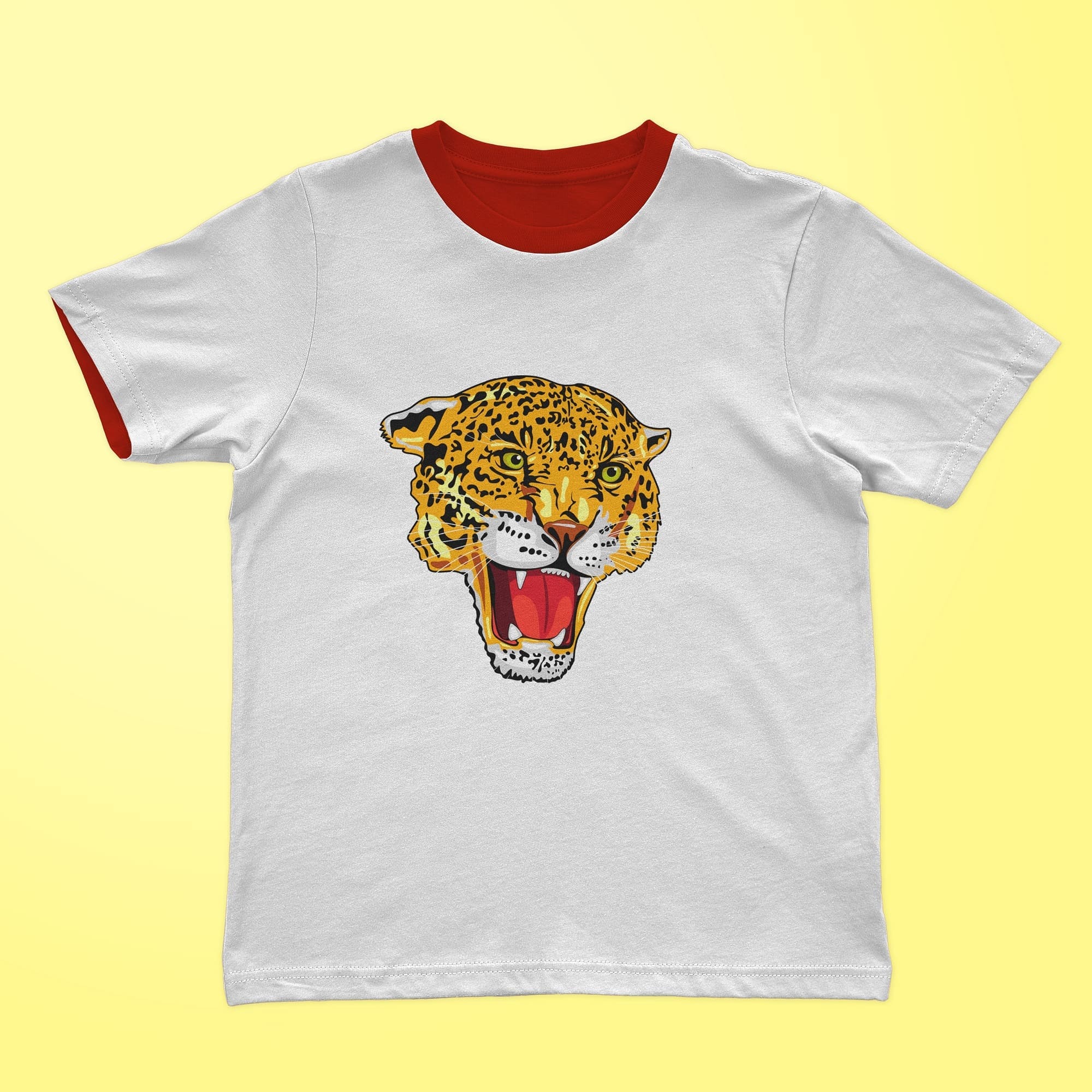 A classic white t-shirt with a print of a formidable leopard face.
