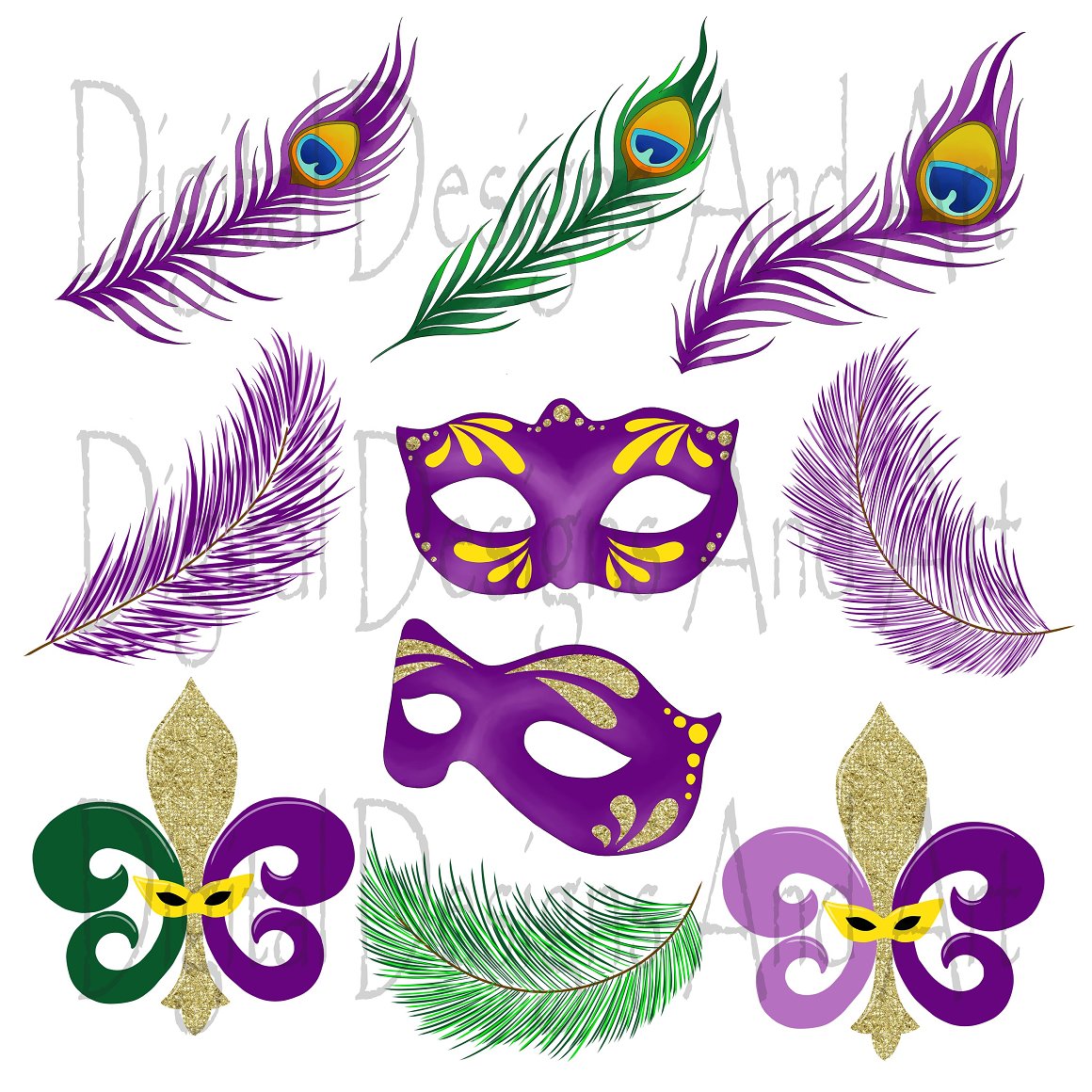 Purple masks and feathers.