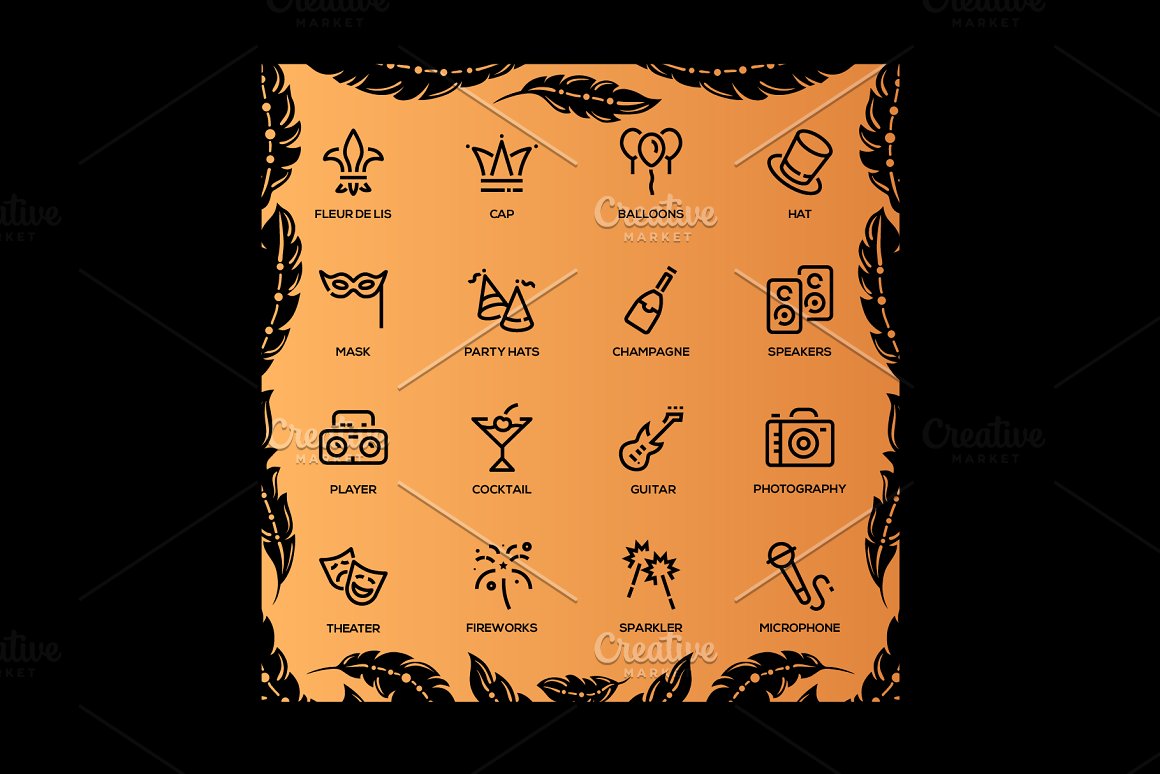 Icons from the site on an orange background.