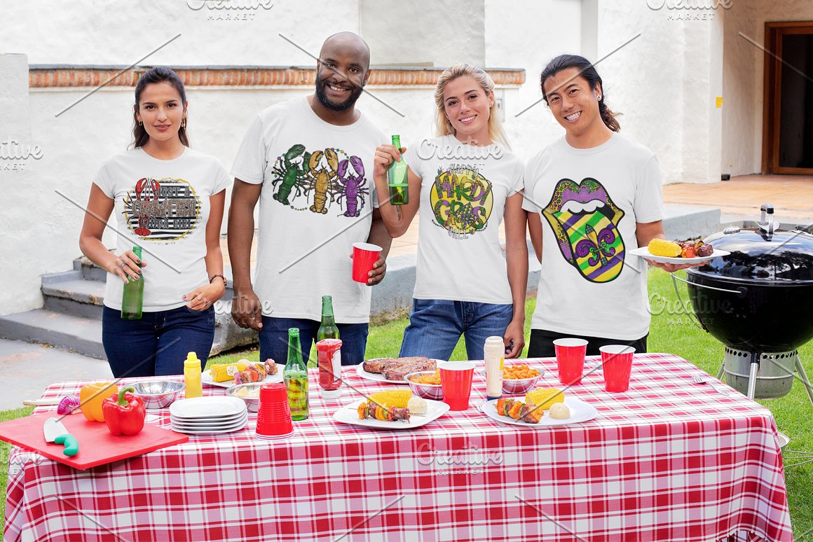 Image of people at a table printed on a t-shirt.