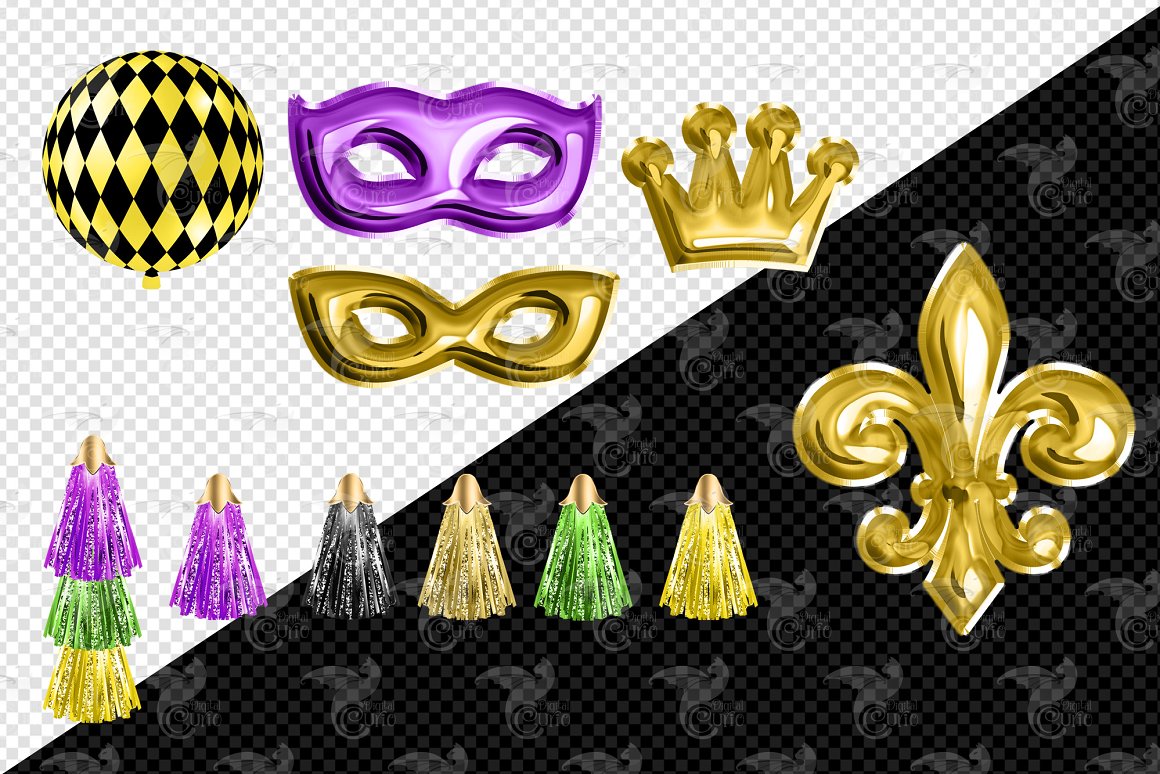 Masks and other things with colored elements.