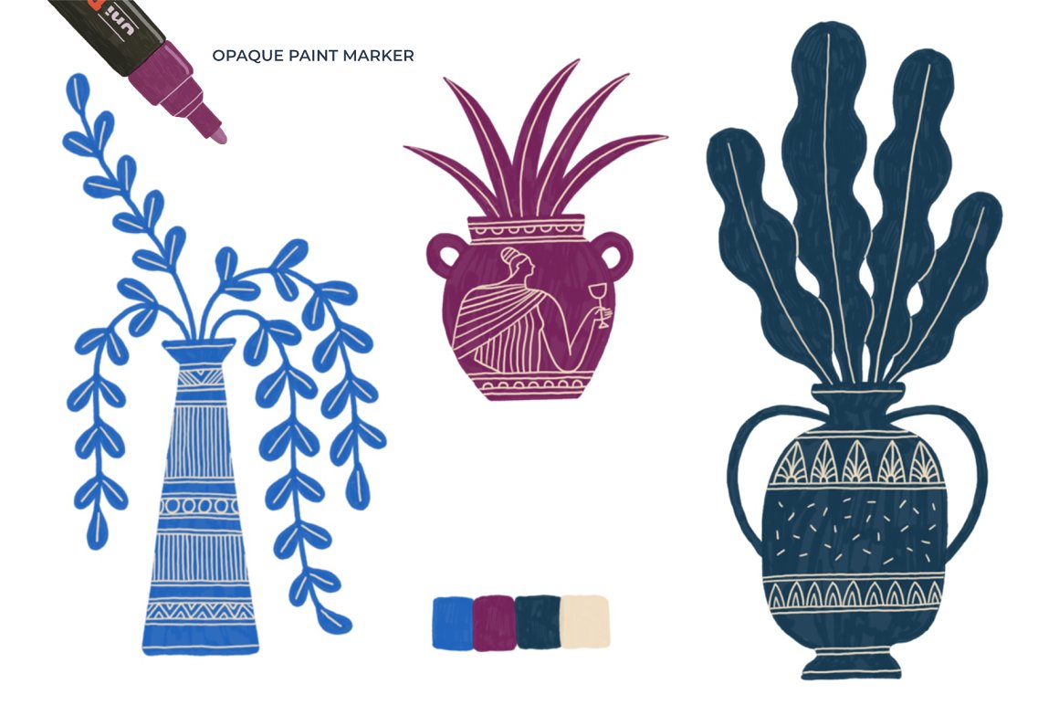 Different pots with patterns.