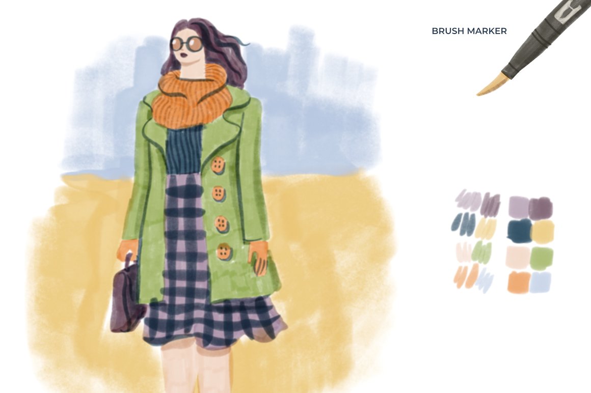 A painted girl in a scarf and coat and more.
