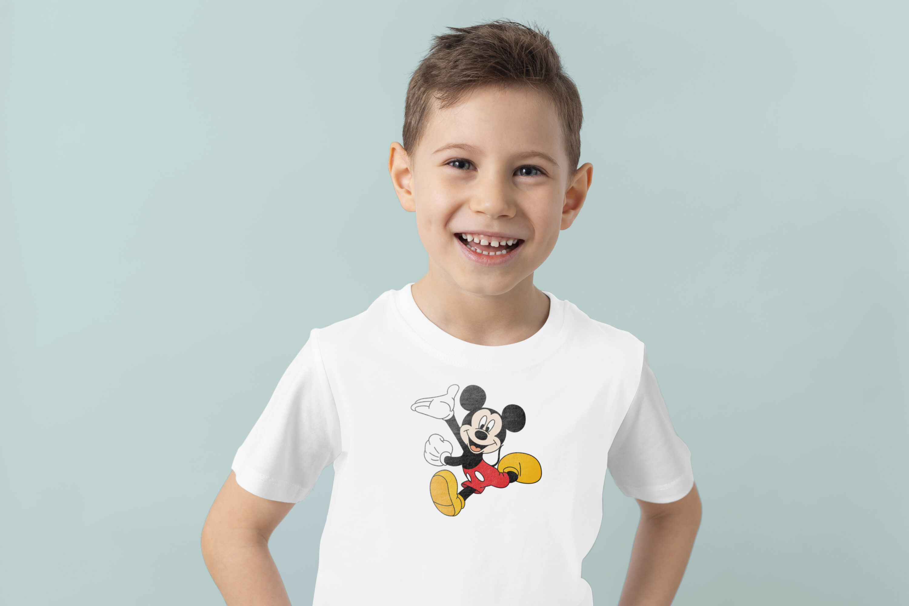 A print with a child on a white T-shirt.