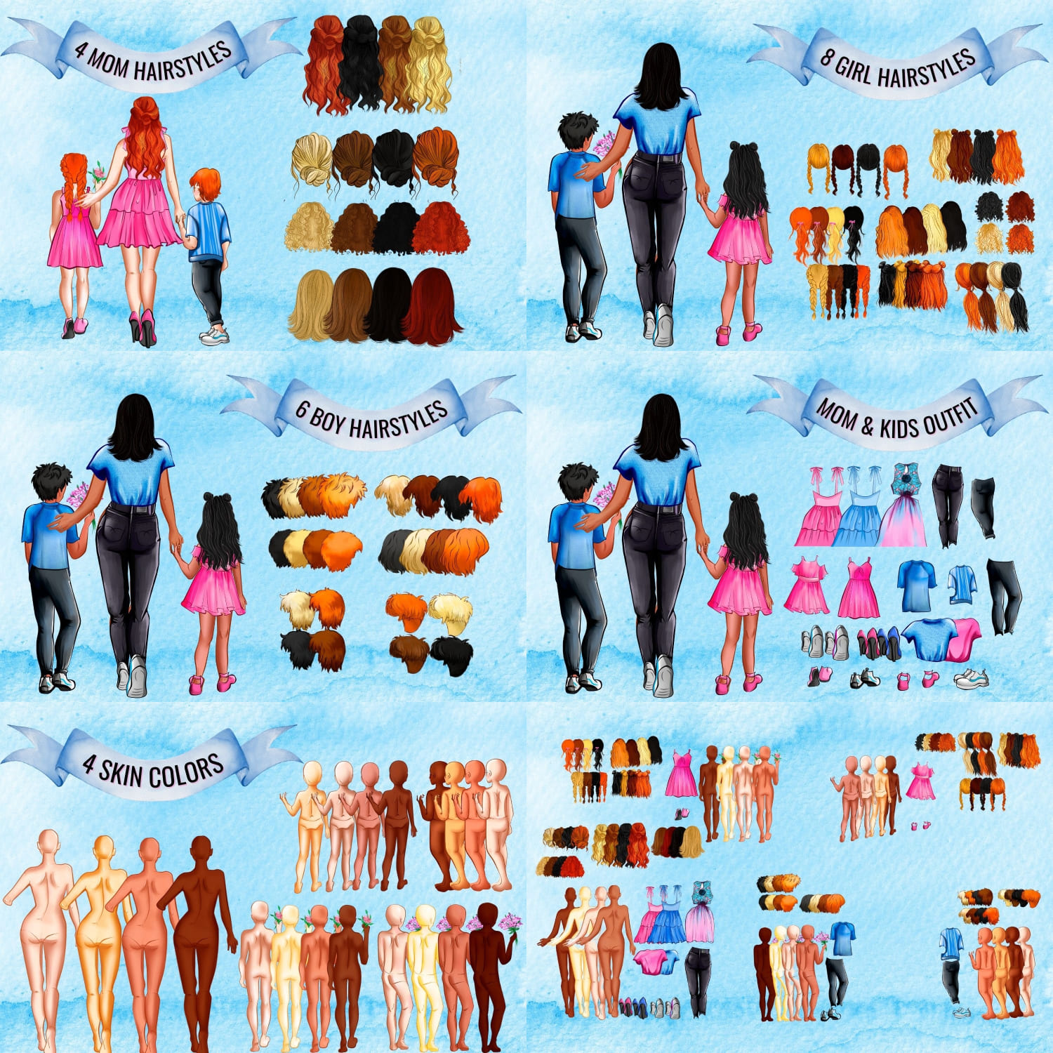 Slides depicting variations of hairstyles, clothes and skin for mothers and children.