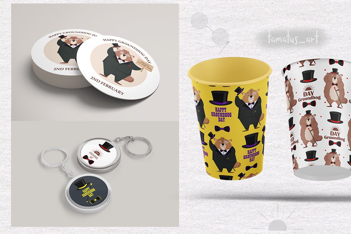 Hamster prints on badges and cups.