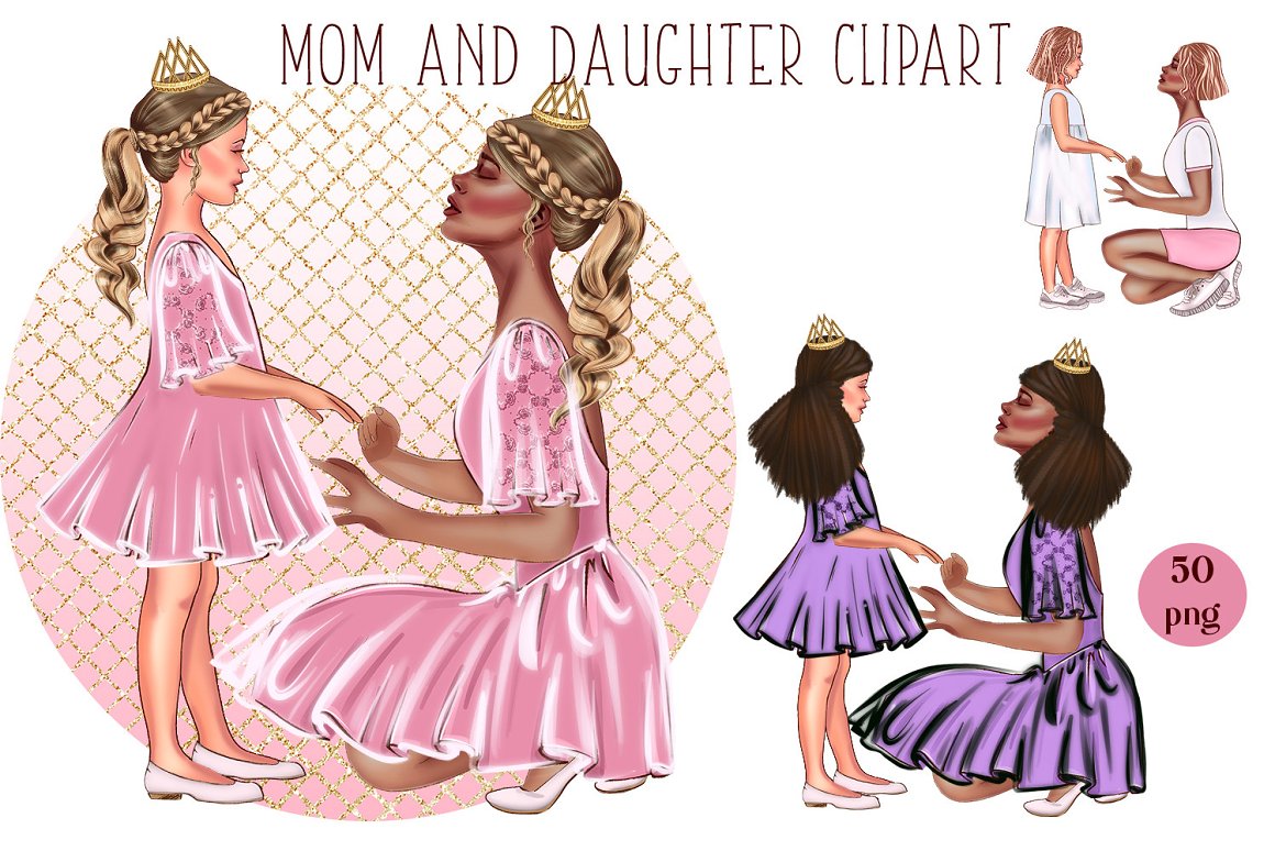 Mother and daughter in similar dresses.