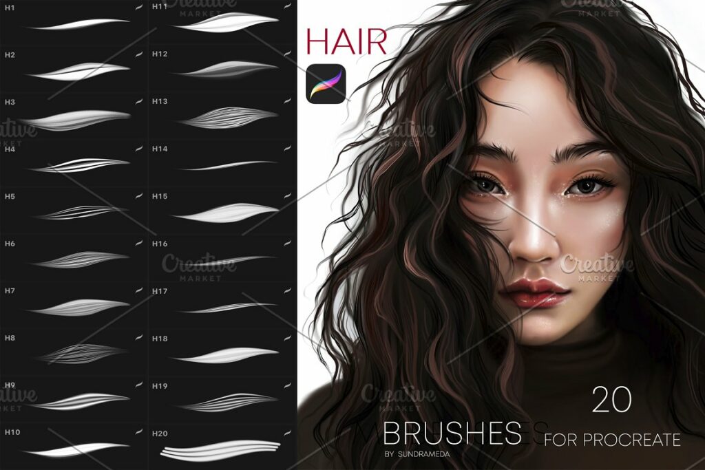 20 Hair Brushes For Procreate MasterBundles