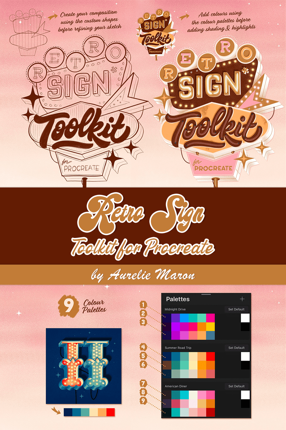 9 colour palettes of retro sign toolkit.