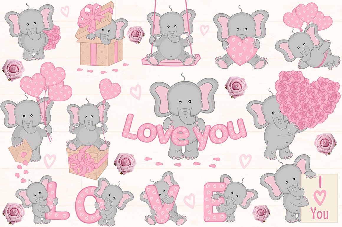 Baby elephant print and love lettering.
