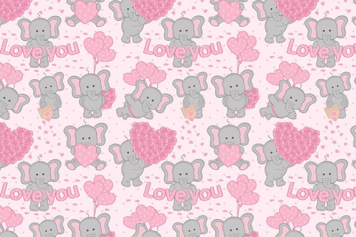 Elephant and hearts in pink style.