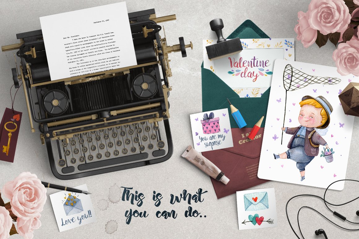 Typewriter and postcards.