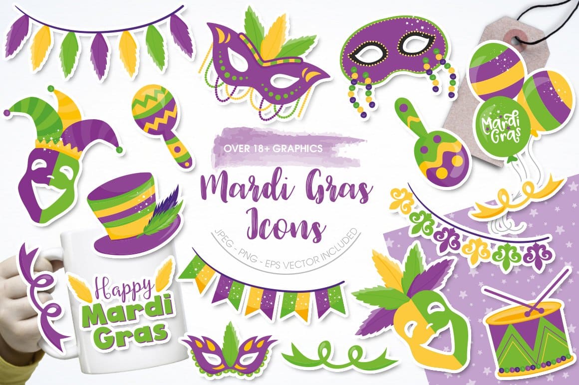 White cup with image of Happy Mardi Gras wishes.