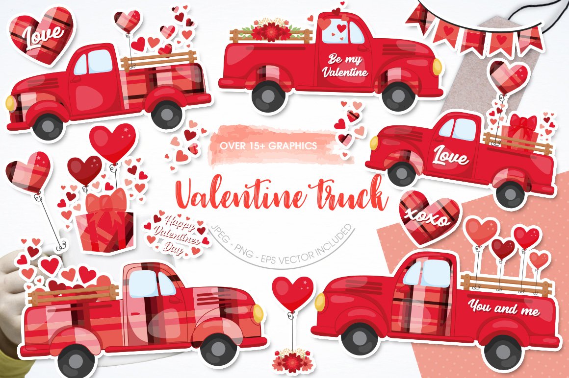 A beautiful red pickup truck loaded with hearts.