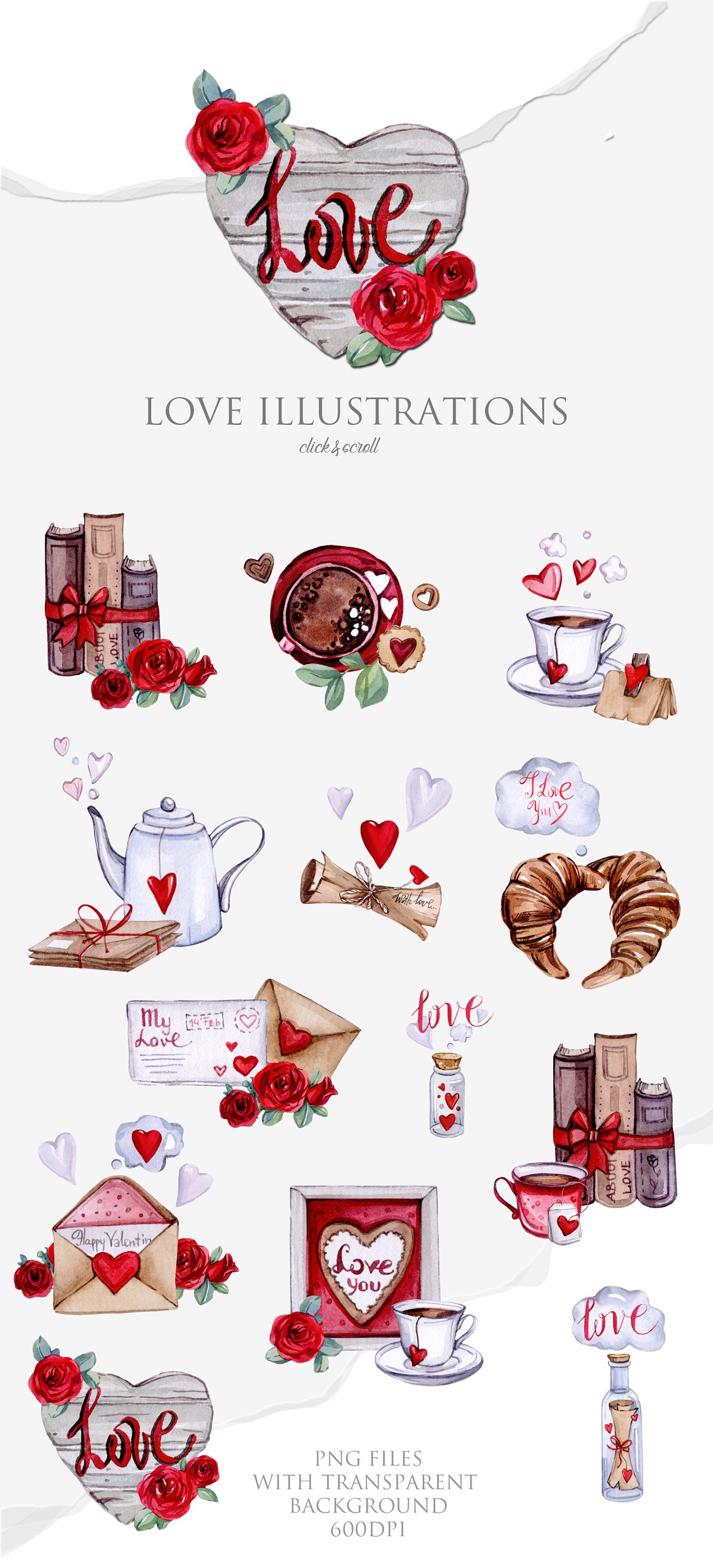 Punishment teapot, croissants and other images with red hearts.