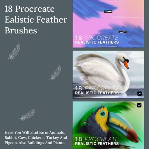 Farm animals are painted with 18 procreate ealistic feather brushes.