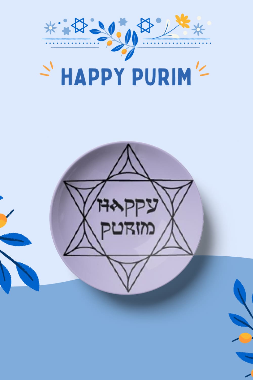 A six-pointed star is drawn on the plate and "Happy Purim" is written.