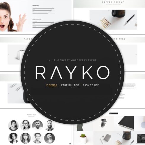 Round emblem with the inscription "Rayko multi concept wordpress theme."