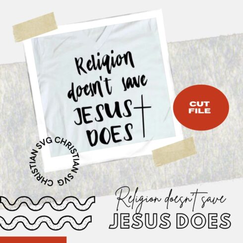 The card is glued with tape, and on the card is written "Religion does not save, Jesus saves."