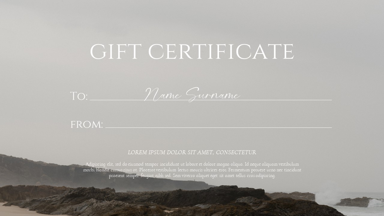 Certificate with gifts on a landscape background.