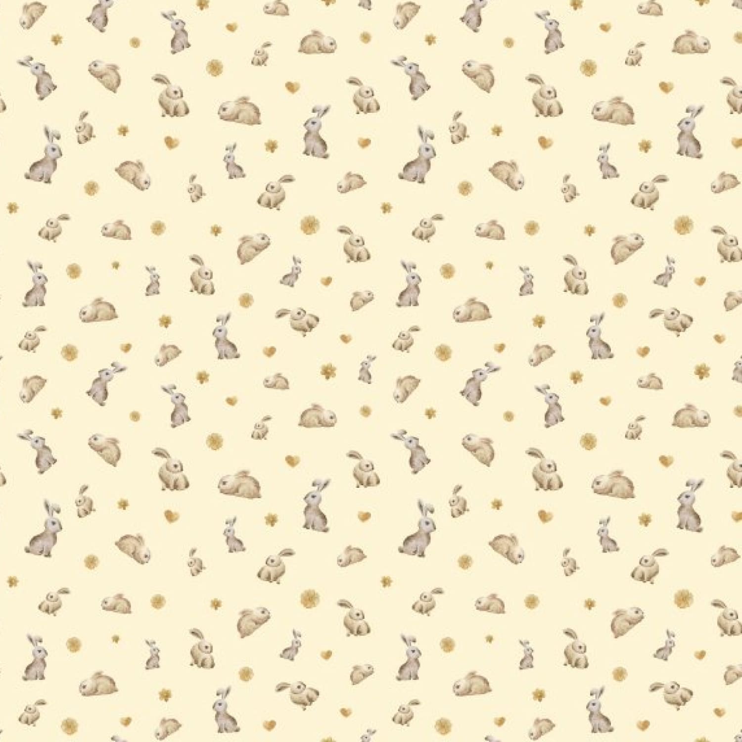 Pattern with small yellow flowers and rabbits.