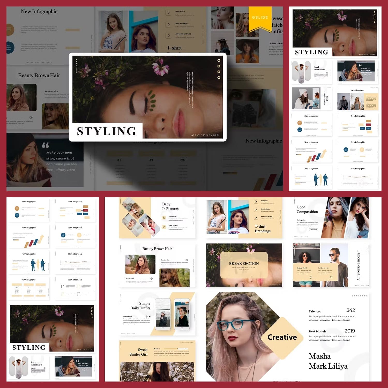 Interesting make-up on the girl is shown in Styling | Google Slides Template.