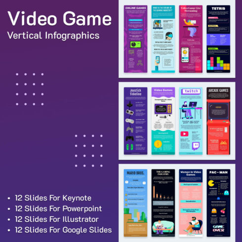 12 slides about video game for Keynote, Powerpoint, illustrator, google slides.