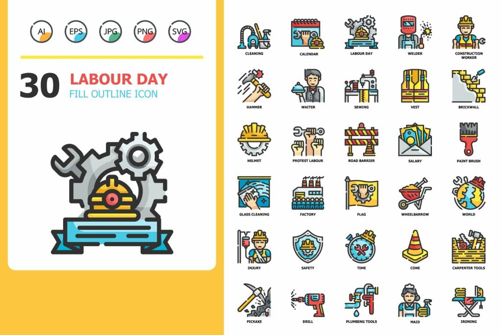 30 Labour Day Icons x 4 Styles – MasterBundles